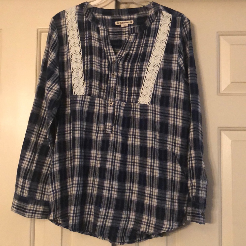 Ruff Hewn Petite Blue & White Blouse Sz PM